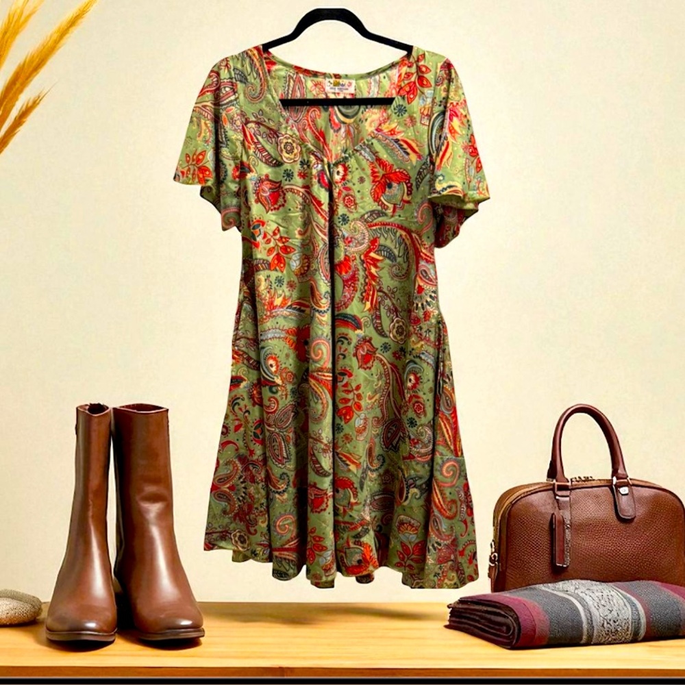 India Boutique Green, Gold & Red Floral Rayon Cotton Dress/pockets/Knee Length